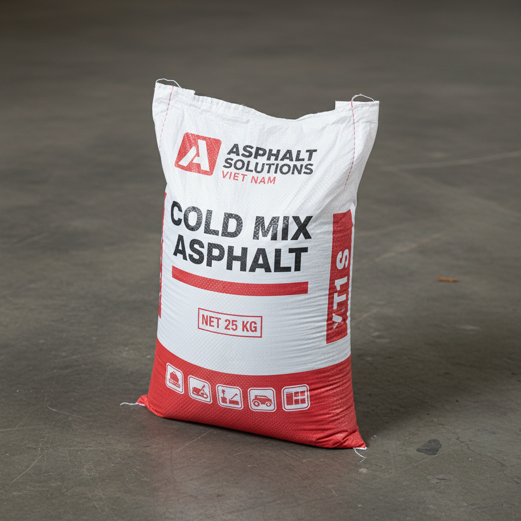 Bao 25 kg bê tông nhựa nguội in logo và tên Asphalt Solutions Việt Nam
